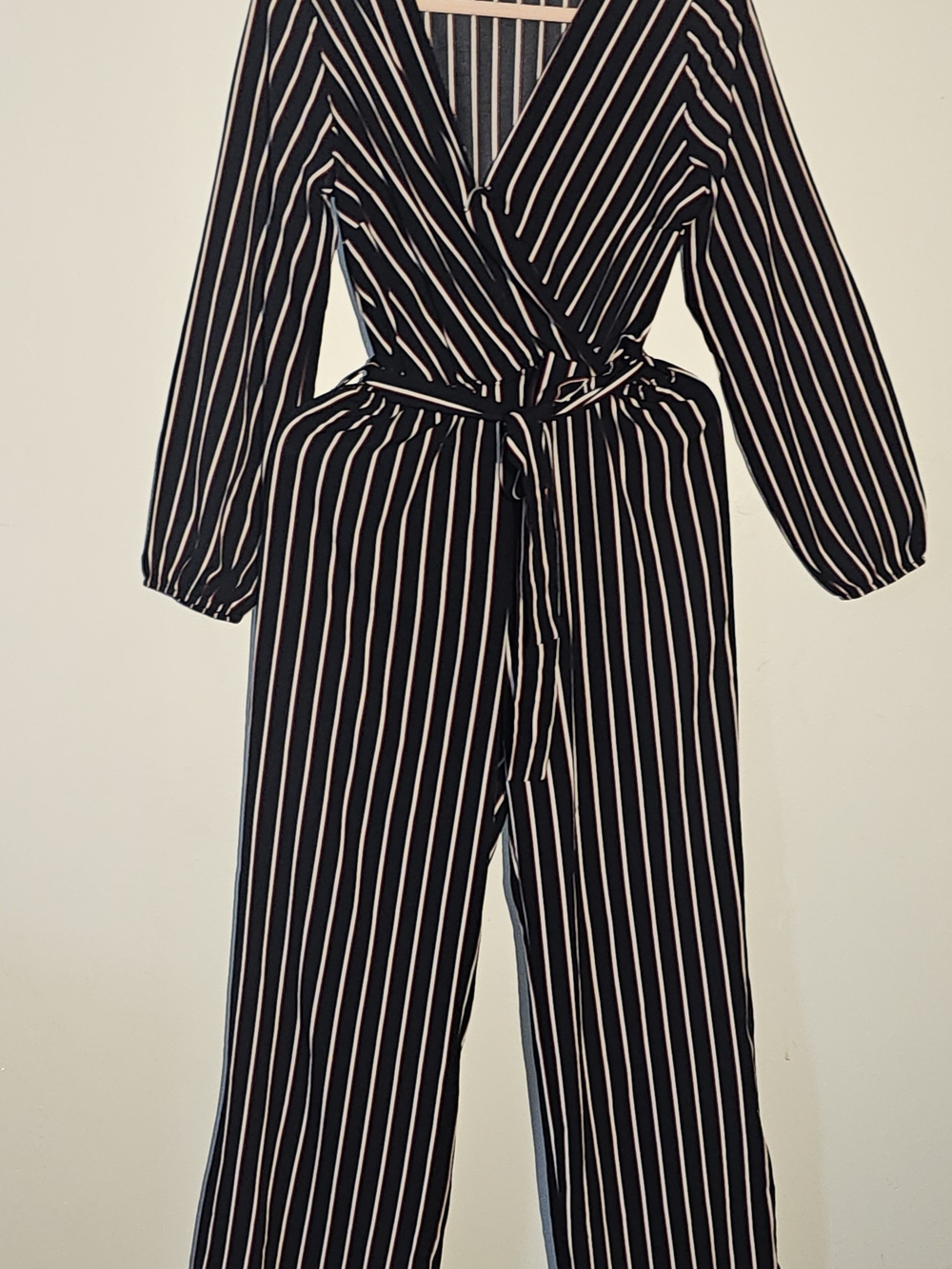 Papaya Black Jumpsuit with White Pinstripes and Tie Waist